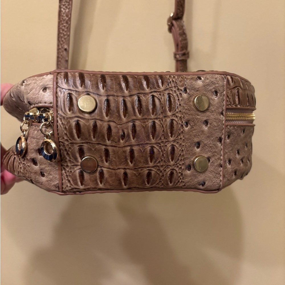 Round Croc-Embossed Crossbody Bag | Brown Ostrich Texture | Top Handle & Strap - Picture 8 of 9
